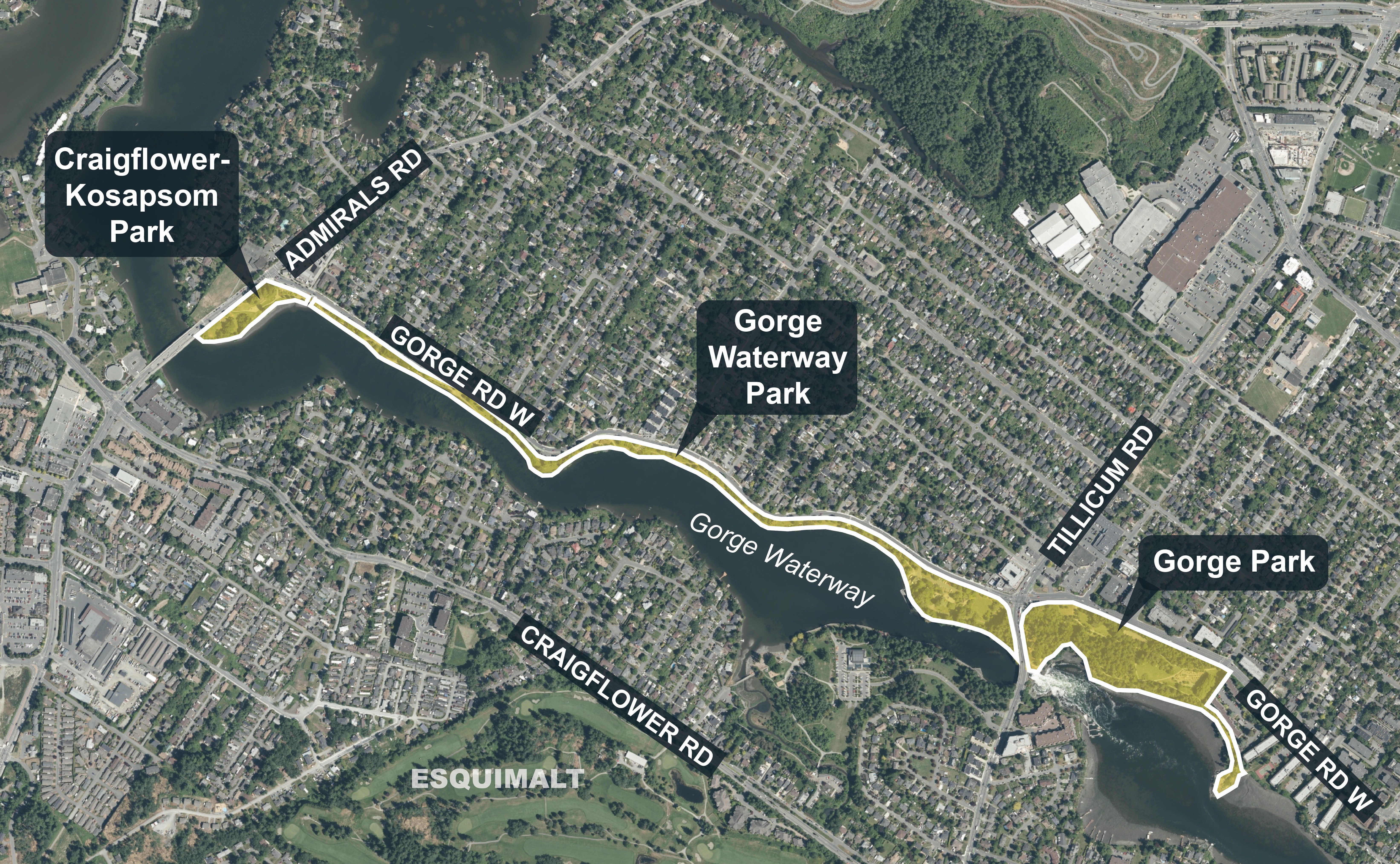Map showing location of Craigflower-Kosapsom, Gorge Waterway, and Gorge Parks.